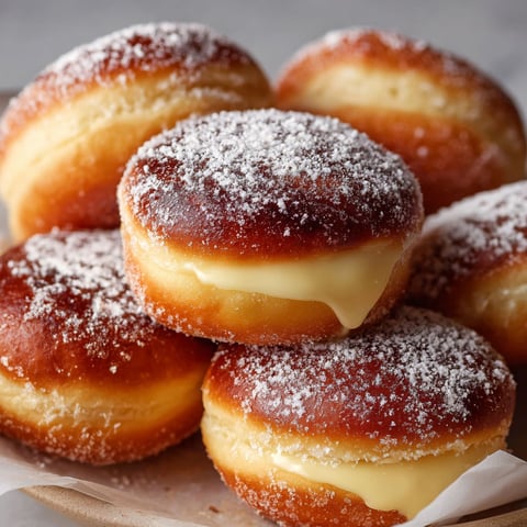 A plate of delicious Milky Doughnuts covered in powdered sugar.