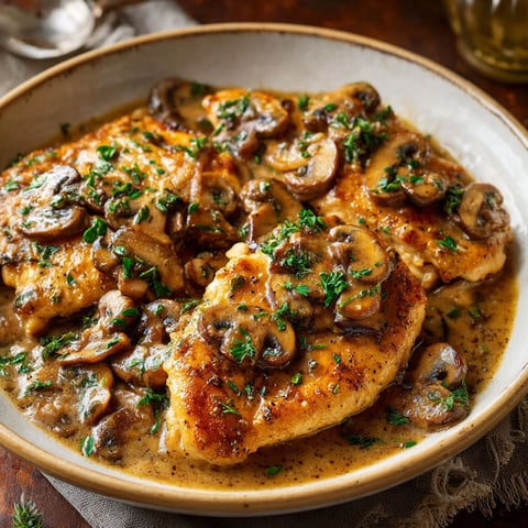 A delicious meal of chicken Marsala with mushrooms and herbs, served in a bowl.