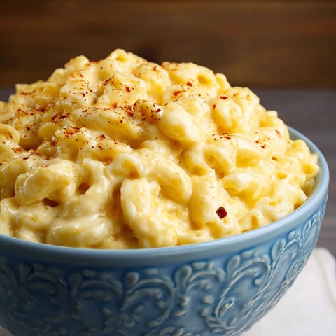 A bowl of creamy mac and cheese with a sprinkle of paprika on top.
