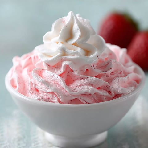 A bowl of Jello Whipped Cream Dessert with a strawberry on top.