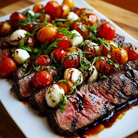 A delicious grilled steak caprese with balsamic reduction, served on a white plate.
