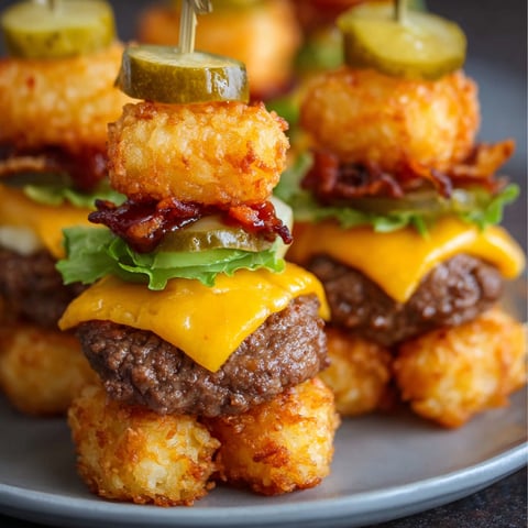 A plate of mini cheeseburgers with bacon and tater tots on top.