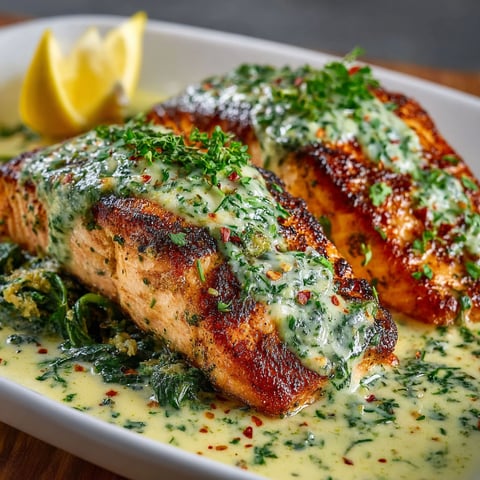 A dish of baked salmon with spinach sauce, served on a white plate.