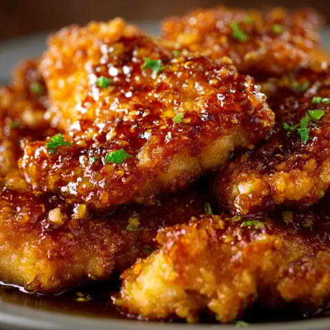 A plate of honey-glazed chicken with a side of greens.