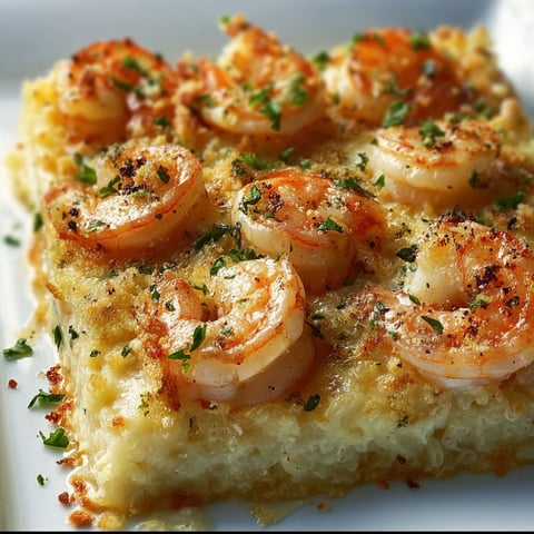 A close up of a Shrimp Scampi Bake with a white plate.