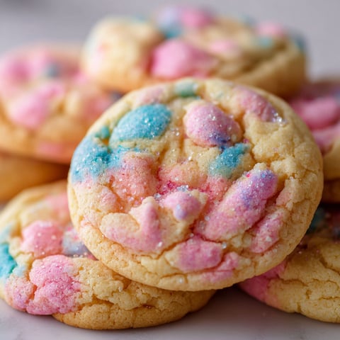A stack of colorful cotton candy cookies with sprinkles on top.