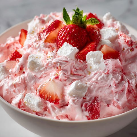 A bowl of pink dessert with strawberries and whipped cream.