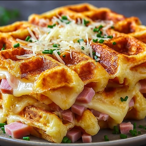 A delicious and cheesy waffle dish with ham and cheese.