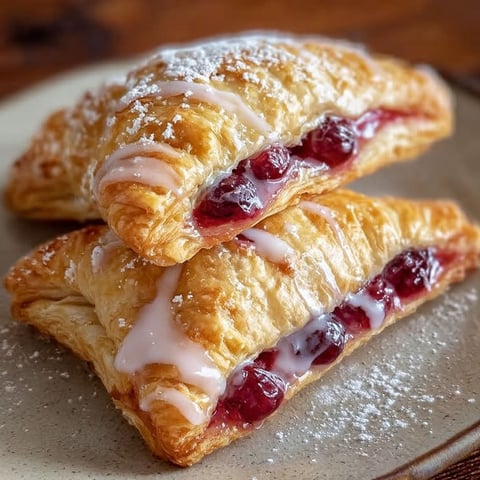Two homemade cherry turnovers with powdered sugar on a plate.