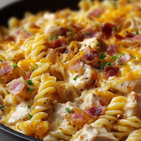 A delicious Crazy Good Casserole Cheesy Chicken and Bacon Pasta dish, loaded with pasta, cheese, and bacon, is ready to be served.