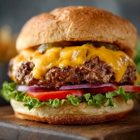 A close up of a cheeseburger with lettuce, tomato, and pickle on a bun.