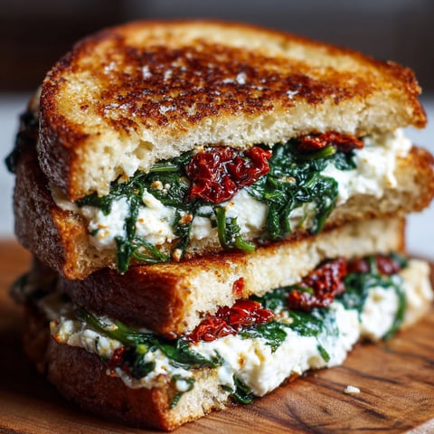 A delicious grilled cheese sandwich with spinach and sun-dried tomatoes.