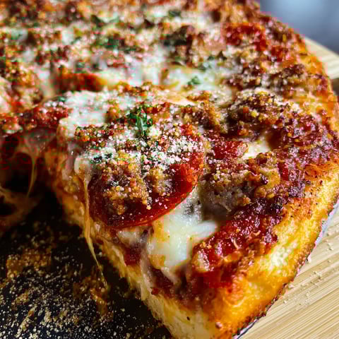A slice of Stuffed Meat Lovers Pizza with pepperoni and sausage toppings.