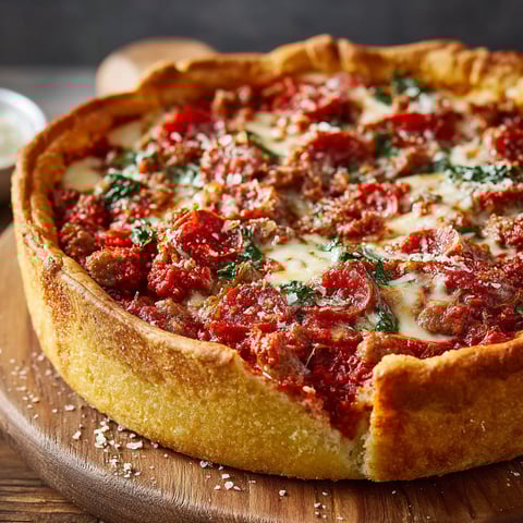 A Chicago Deep-Dish Pizza with a generous amount of toppings, including pepperoni and sausage, is served on a wooden platter.