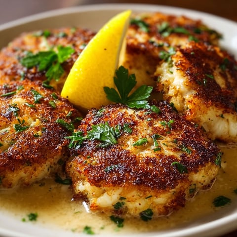 A plate of crab cakes with a lemon wedge on top.