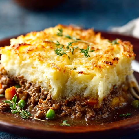 A delicious Shepherd's Pie is served on a plate, topped with a generous amount of meat and vegetables.