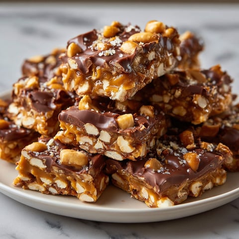A plate of Peanut Butter Pretzel Clusters is displayed on a table.