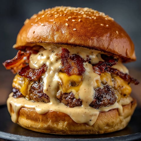 A close-up of a delicious Ultimate Cheesy Bacon Burger, with melted cheese and crispy bacon, all on a toasted bun.