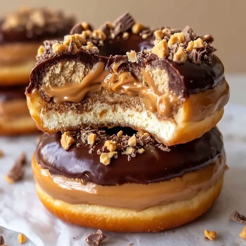 A delicious Peanut Butter Cheesecake Donut with chocolate frosting and peanut toppings.