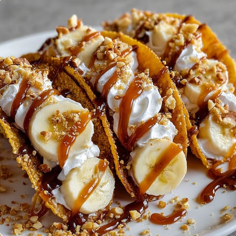 A plate of Caramel Banana Nuts Taco with drizzled caramel sauce.
