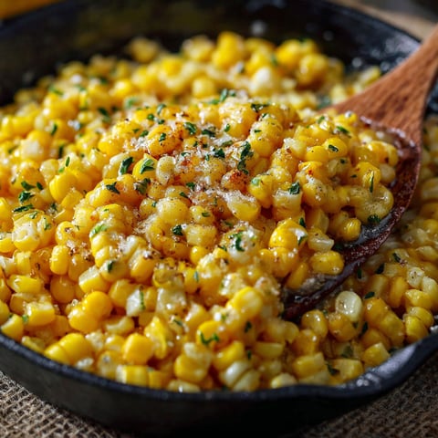 A skillet filled with corn and seasonings, ready to be cooked.