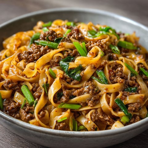 A bowl of Mongolian Noodles with Ground Beef, topped with green onions and garnished with parsley.