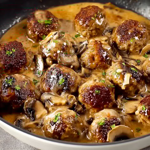 A plate of meatballs with mushroom sauce, garnished with green herbs.