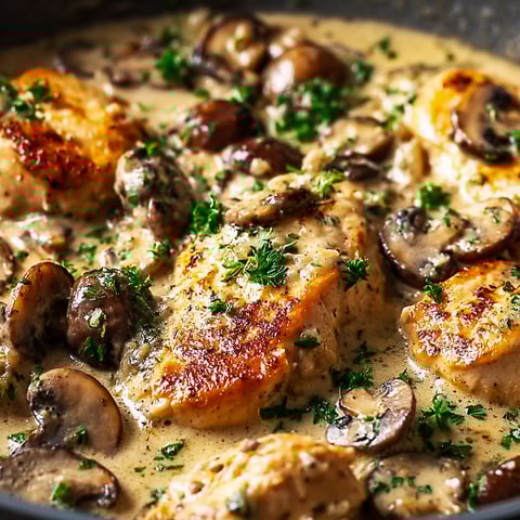A delicious Dijon Mushroom Cream Chicken dish is served in a bowl, with mushrooms and herbs adding flavor to the creamy sauce.