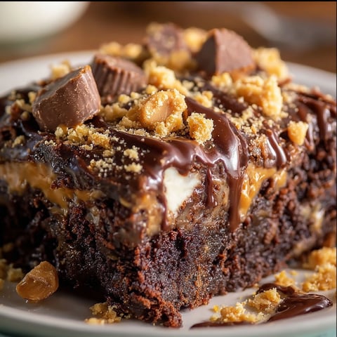 A delicious Peanut Butter Cup Dump Cake Recipe is presented on a plate, topped with chocolate and peanut butter.