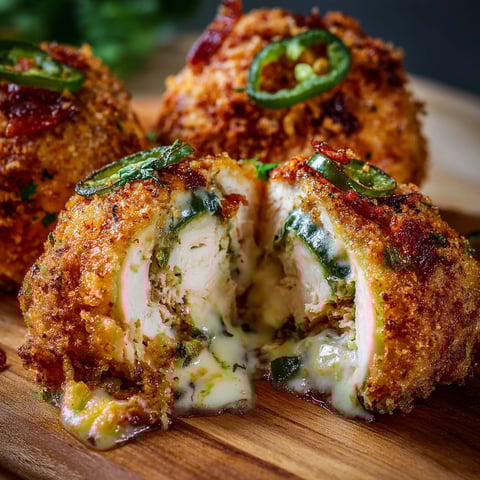 A close up of a delicious smoked jalapeño popper chicken bomb, with cheese dripping out of it.