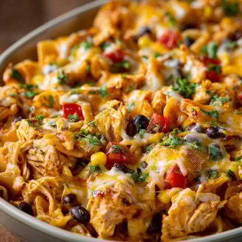 A delicious Fiesta Chicken Casserole is served in a bowl, topped with cheese and tomatoes.