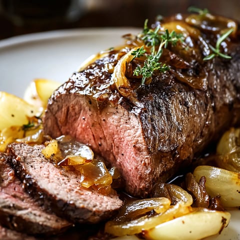A delicious roasted beef tenderloin with caramelized onions and horseradish sauce.