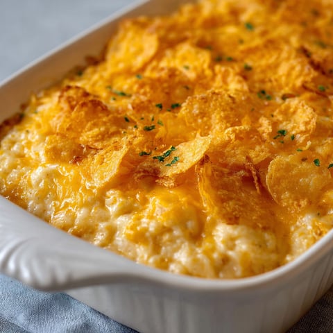 A white bowl filled with a delicious casserole, including chips and cheese, is ready to be served.