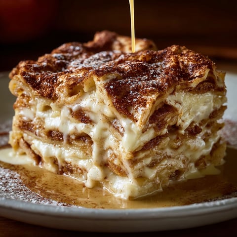 A delicious dessert called Cinnamon Roll Apple Lasagna is presented on a plate, featuring layers of cinnamon rolls and apples.