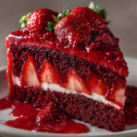 A slice of Red Velvet Strawberry cake with strawberries on top.