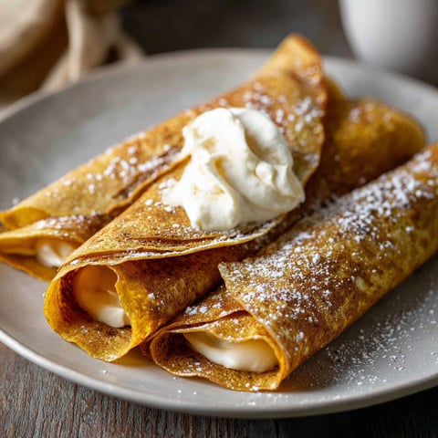 A plate of Pumpkin Crepes with whipped cream on top.