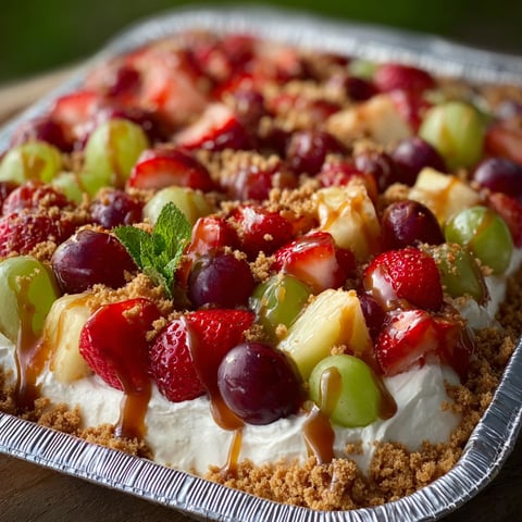 A delicious dessert, Cheesecake Fruit Salad, is presented in a tin foil pan.