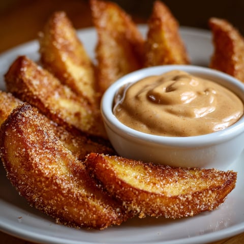 A plate of air fried apple wedges with a caramel whipped cream dipping sauce.