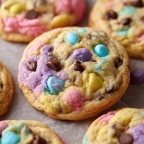 A close up of a colorful Easter Chocolate Chip Cookie with chocolate chips and colorful sprinkles.
