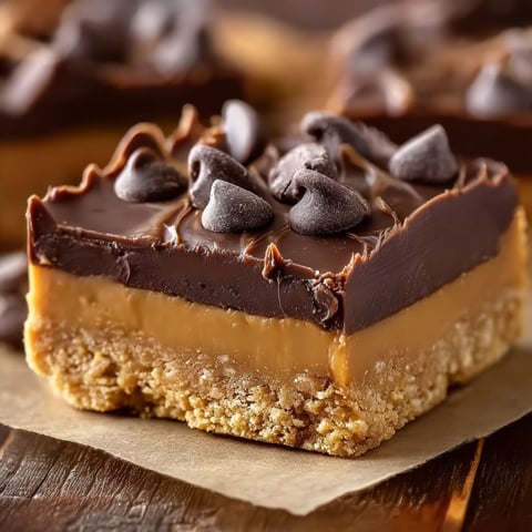 A close up of a delicious Reese's Peanut Butter No-Bake Bars.