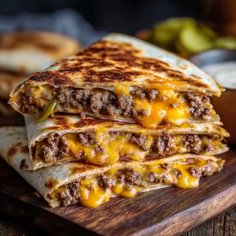 A delicious Smashburger Quesadilla is served on a wooden cutting board.
