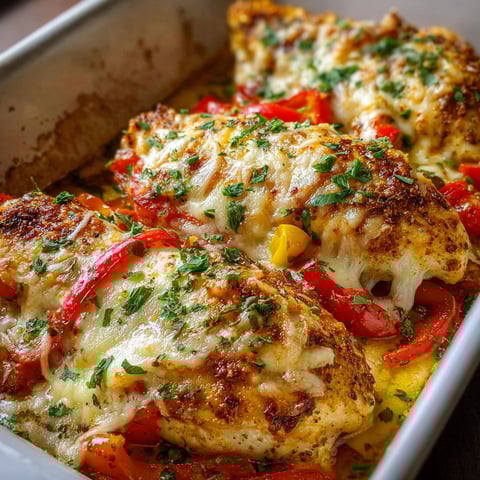 A pan of baked cheesy chicken peppers with a variety of peppers and cheese.