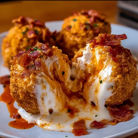 A plate of Buffalo Chicken Bacon Loaded Mozzarella Bombs, drizzled with a spicy sauce.