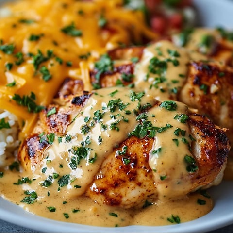 A plate of Mexican Chicken with Cheese Sauce, accompanied by rice and a side of vegetables.