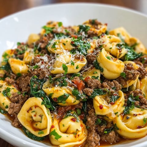 A bowl of Garlic Butter Beef and Spinach Tortellini, ready to be enjoyed.