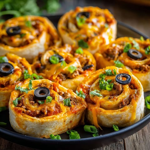 A plate of taco pinwheels, filled with meat and cheese, are ready to be served.