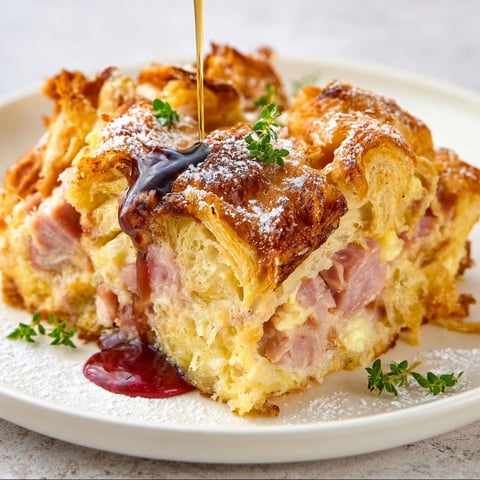 A slice of Ham and Cheese Croissant Breakfast Casserole is served on a white plate.
