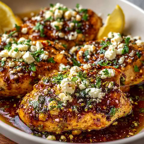 A bowl of chicken with feta cheese and honey, ready to be served.