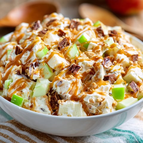 A white bowl filled with a delicious Snickers Caramel Apple Salad.