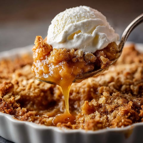 A delicious dessert is being served in a white dish, featuring a scoop of ice cream and a dollop of whipped cream. The dessert is a Pumpkin Crisp, a popular autumn treat.